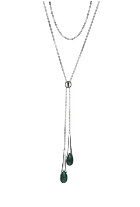 ELLE Sterling Silver "Ethereal Drops" Malachite Double Drop 30" Necklace (SI5143)