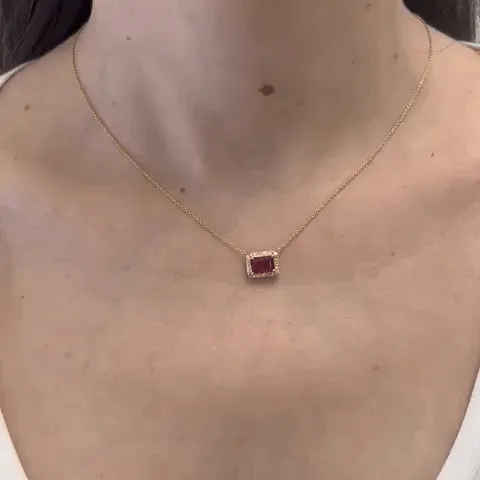 Emerald Cut Ruby & Diamond Halo Necklace (1.41 ct.) in 14K Gold