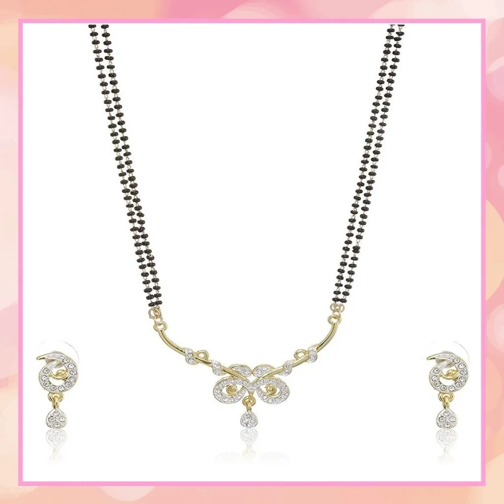 Estele Gold & Rhodium Plated Modern Minimalistic Double Line Mangalsutra Necklace Set with White Austrian Crystals for Women