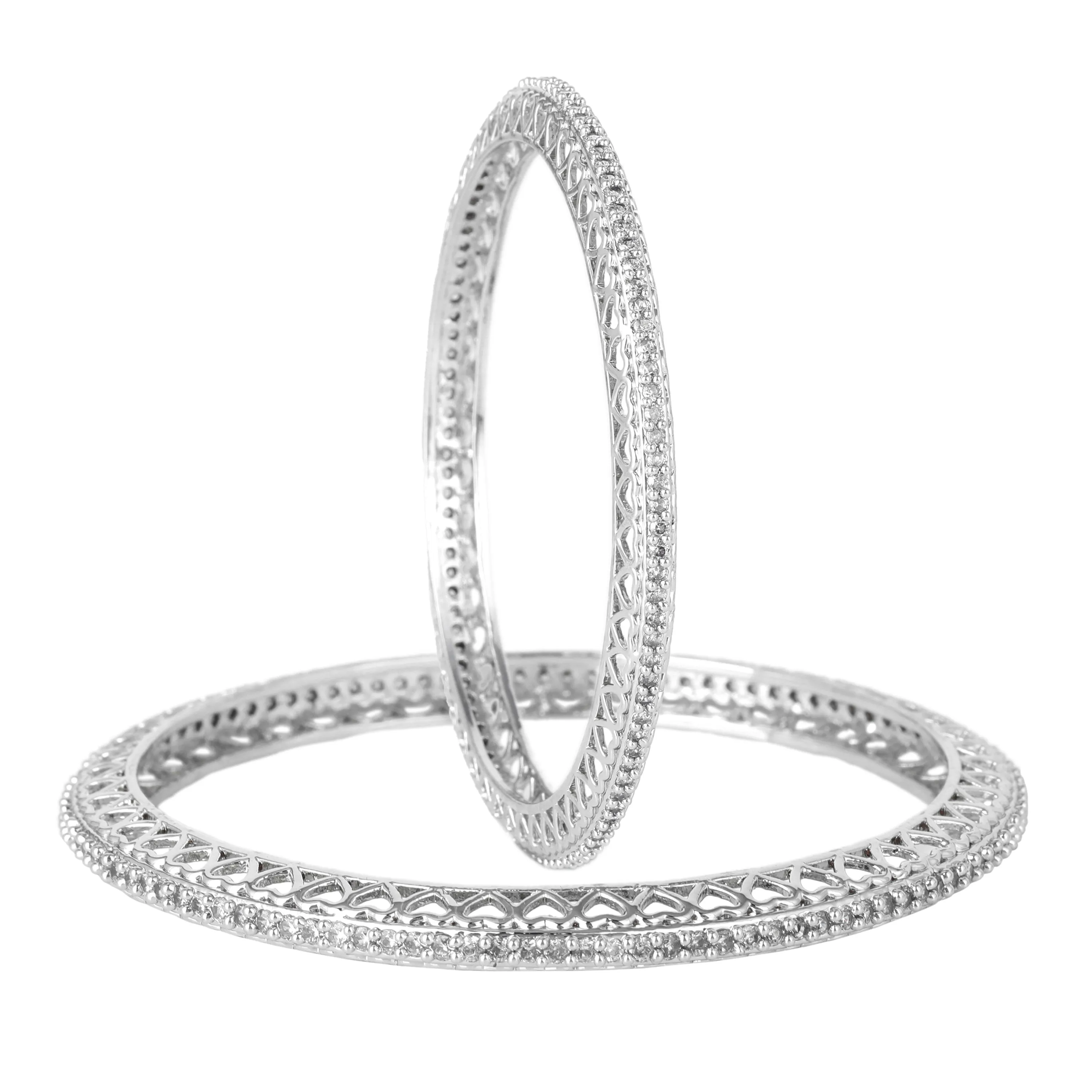 Estele Rhodium Plated Shining White American Diamond Bangles for Women| Available in 2:6 & 2:8 Sizes |A Sparkling Jewelry Choice for Every Occasion