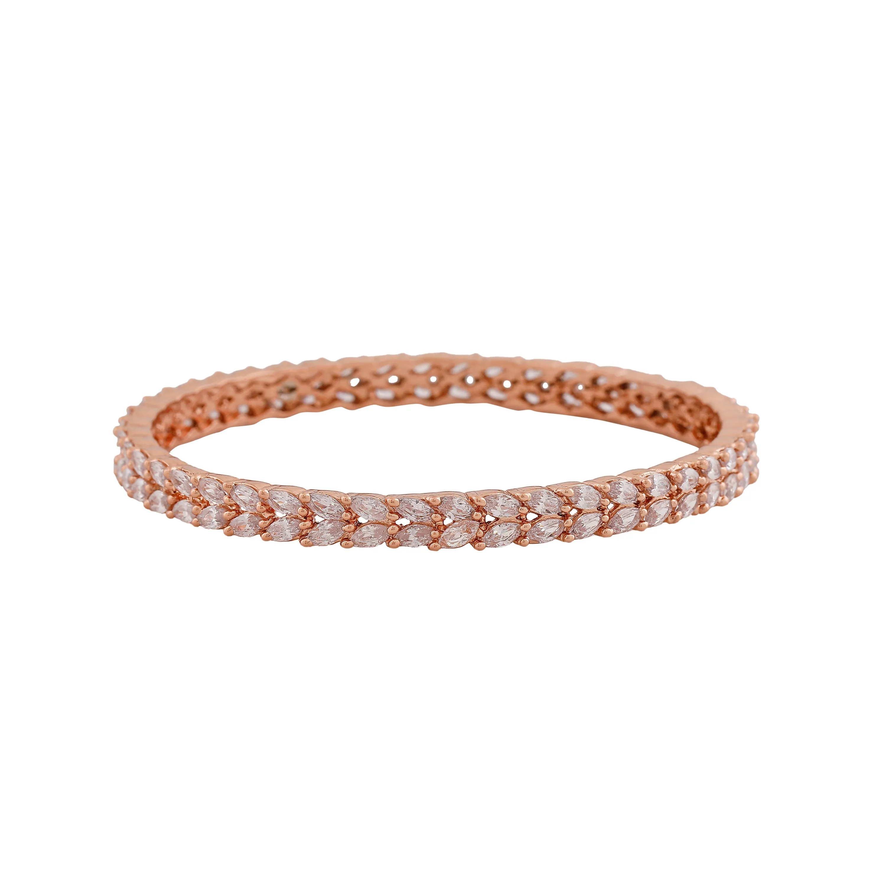 Estele Rosegold-Plated Refined White American Diamond 2:6 Size Bangles with Leafy Accents |Perfect for Modern & Traditional Outfits for Women