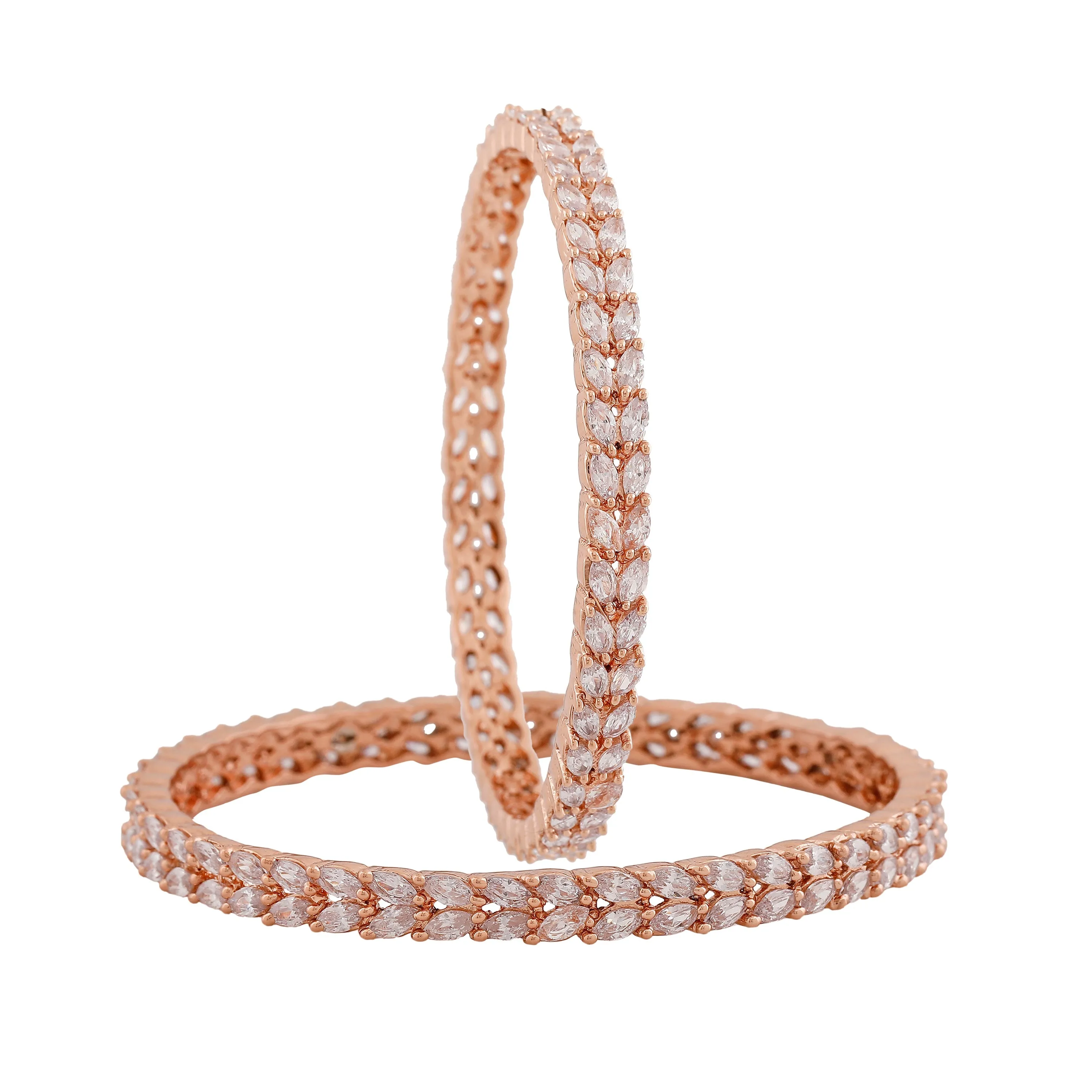 Estele Rosegold-Plated Refined White American Diamond 2:6 Size Bangles with Leafy Accents |Perfect for Modern & Traditional Outfits for Women