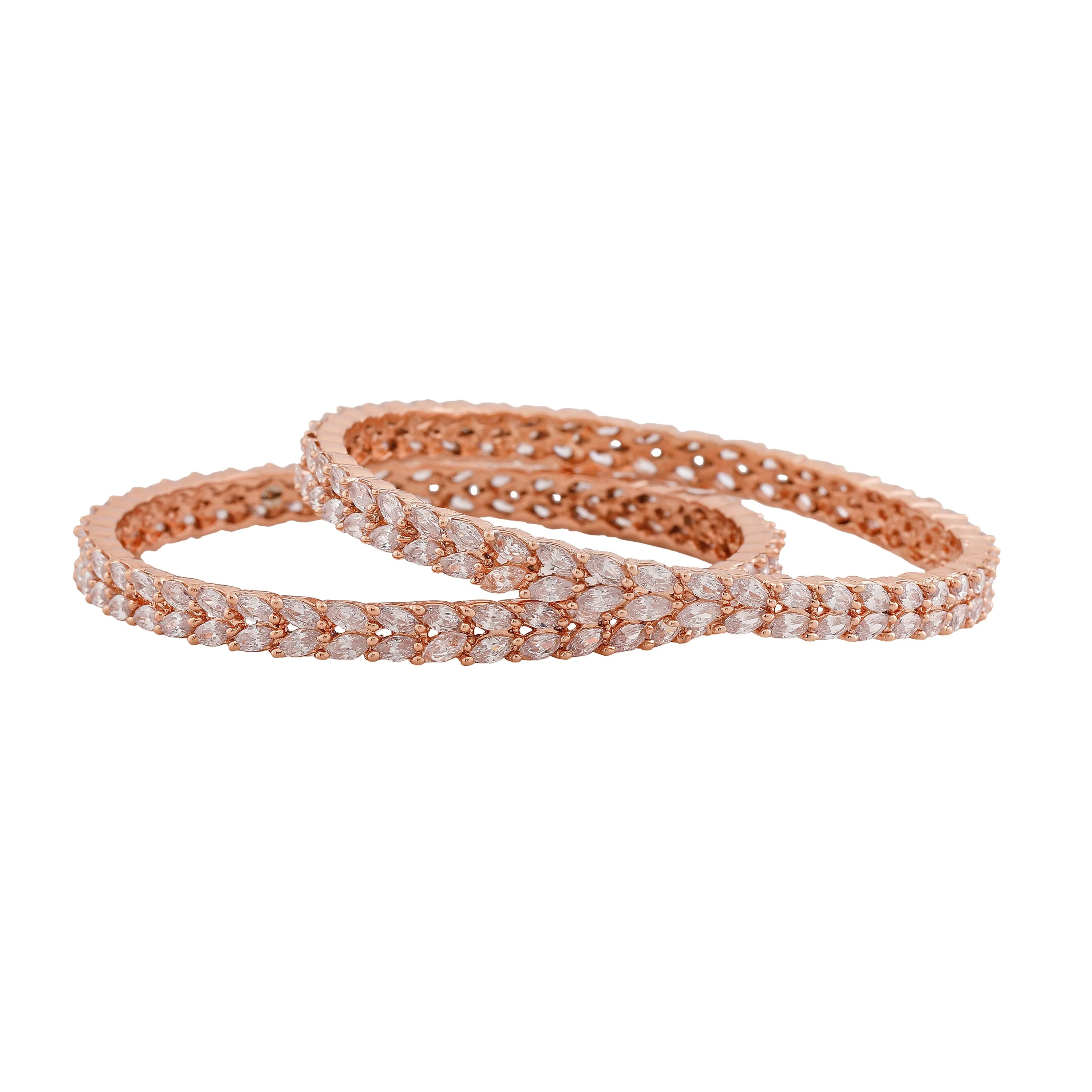 Estele Rosegold-Plated Refined White American Diamond 2:6 Size Bangles with Leafy Accents |Perfect for Modern & Traditional Outfits for Women