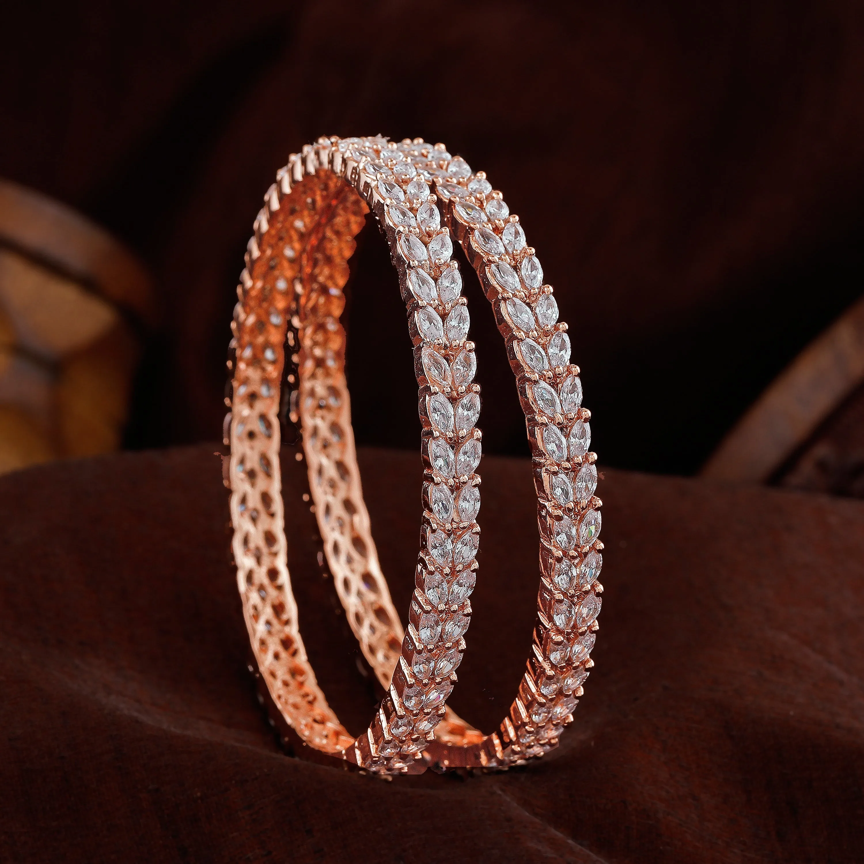 Estele Rosegold-Plated Refined White American Diamond 2:6 Size Bangles with Leafy Accents |Perfect for Modern & Traditional Outfits for Women