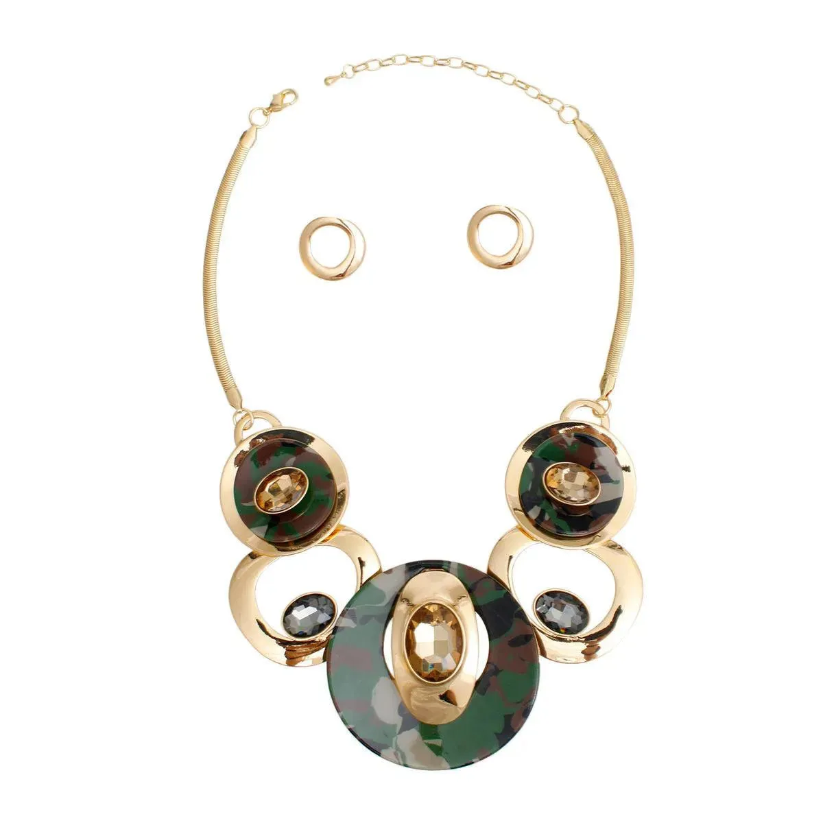 Gold Chan Camouflage Circular Bib Necklace with Earrings – Stylish!