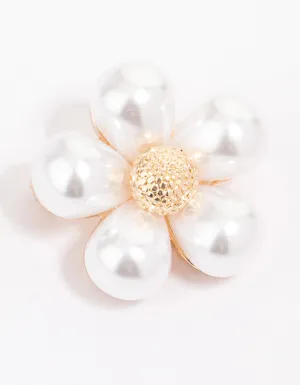 Gold Large Pearl Flower Brooch