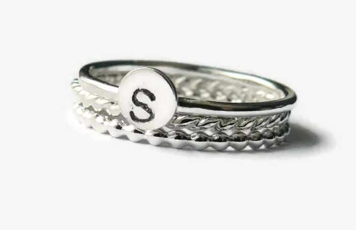 Initial Ring Monogram • Sterling silver stacking ring set personalized