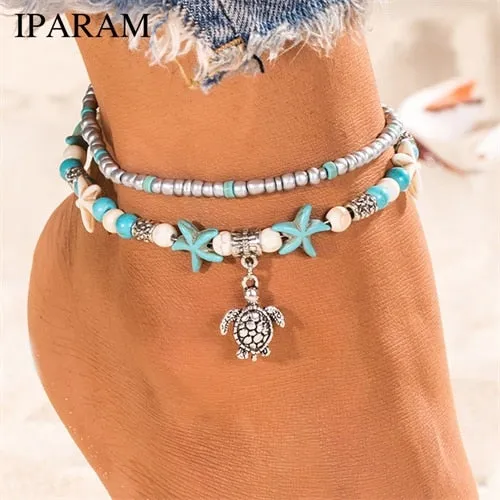 IPARAM  Ocean Beach Anklet Bohemian Retro Turtle Beaded Handmade Anklet & Bracelet 2021 New Leg Jewelry Gift