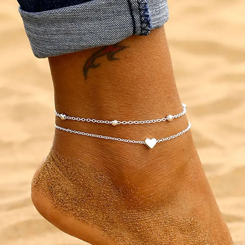 IPARAM Women&#39;s Anklet Bohemian Layered Heart Anklet 2021 Summer Beach Anklets On Foot Ankle Bracelets For Women Leg Chain