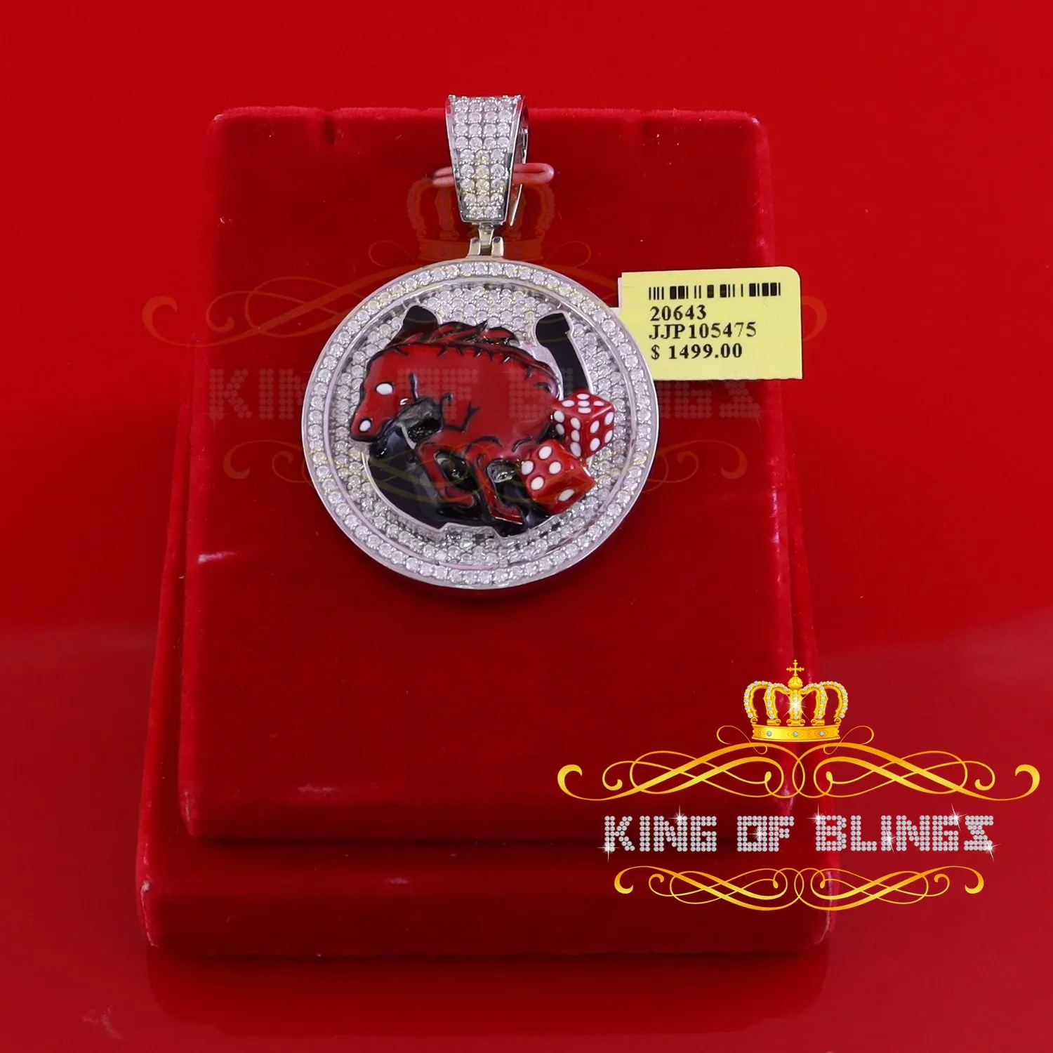 King Of Bling's 925 Silver White "HORSE SHOE" Enamel Pendant with 5.00ct Genuine Moissanite