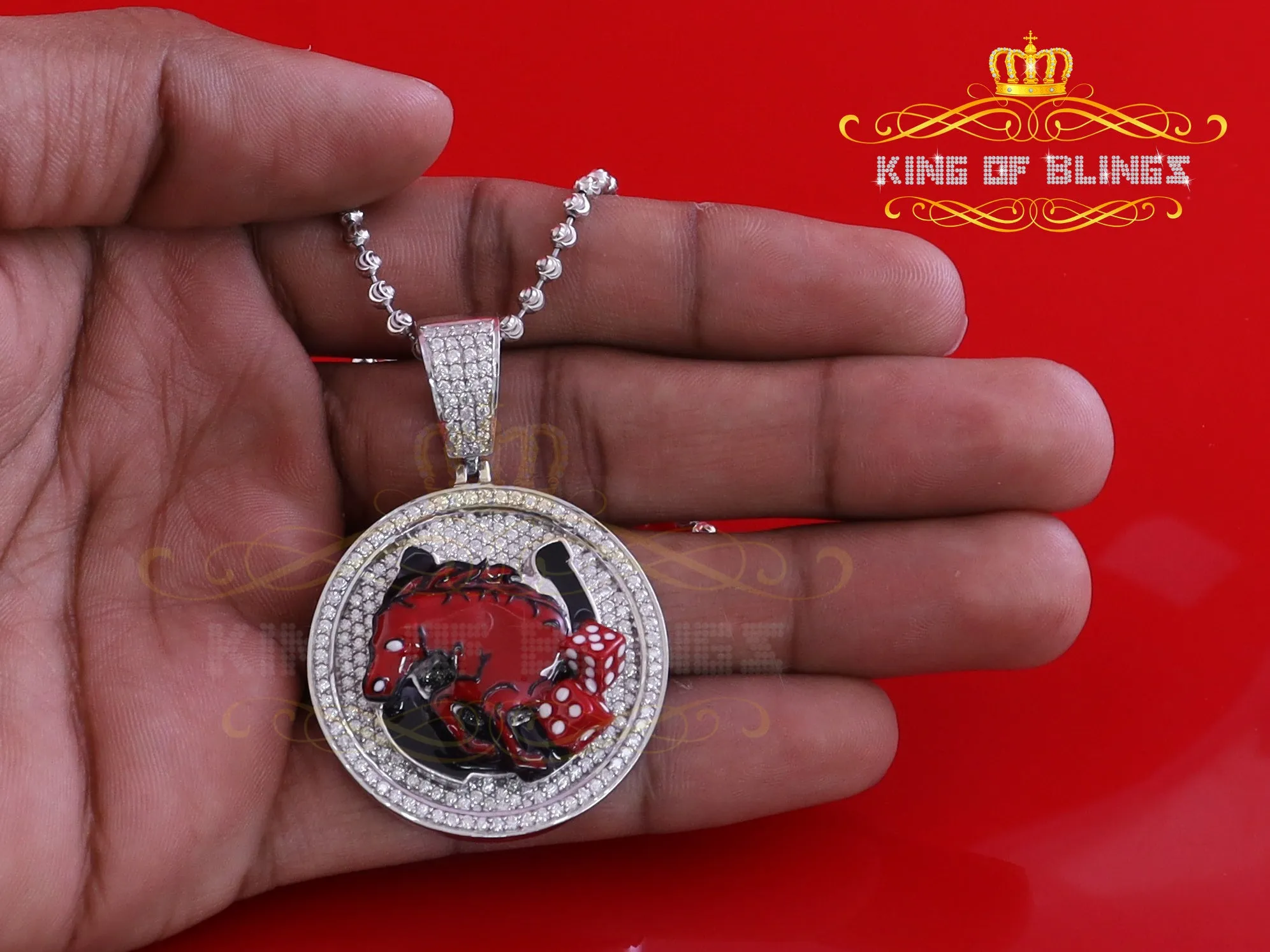 King Of Bling's 925 Silver White "HORSE SHOE" Enamel Pendant with 5.00ct Genuine Moissanite