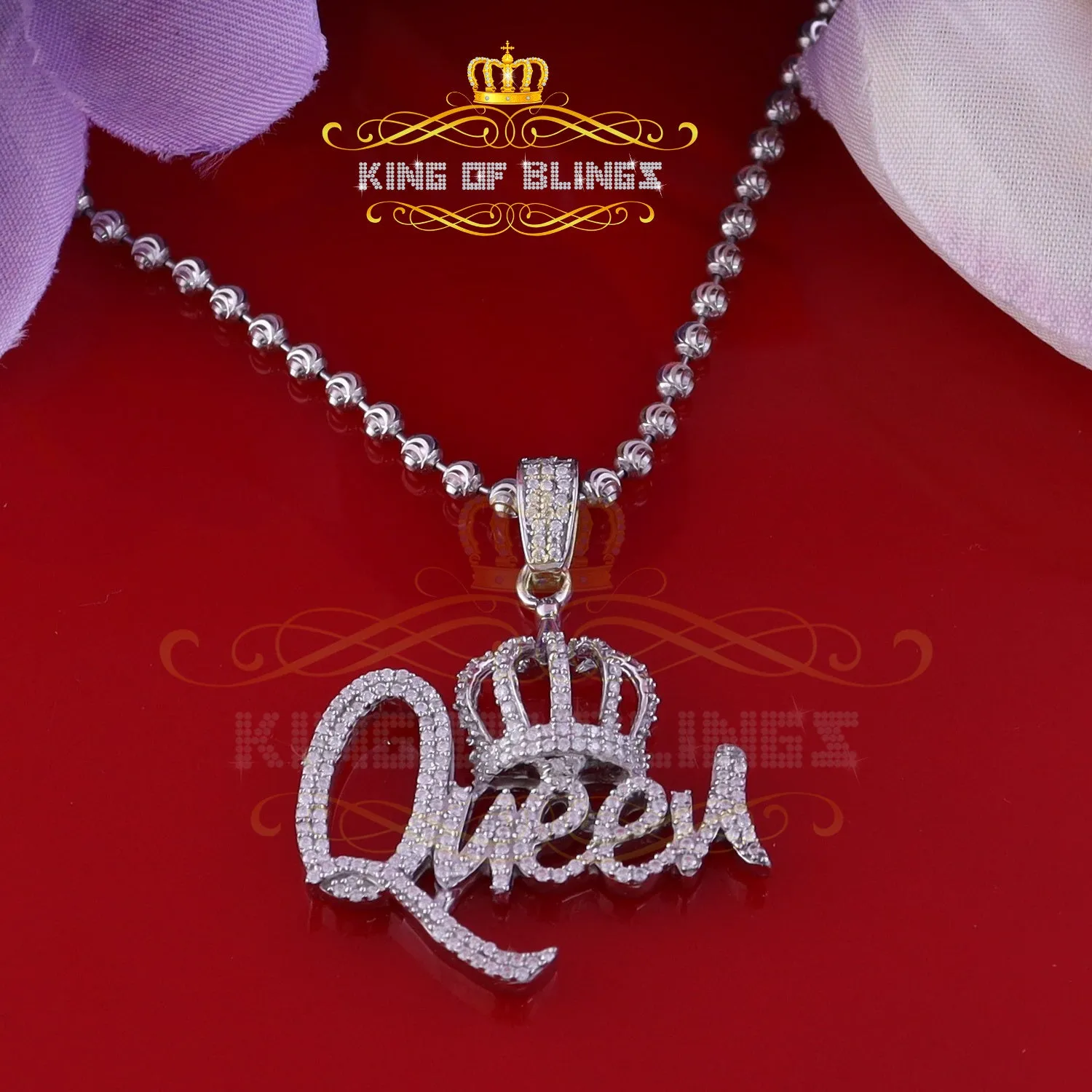 King Of Bling's Surprise 1.00ct Real Moissanite White 925 Silver Pendant for your Queen W/ crown