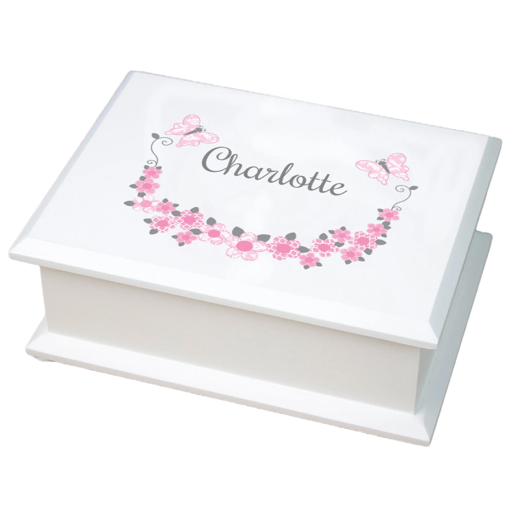 Lift Top Jewelry Box - Butterfly Garland Pink Gray