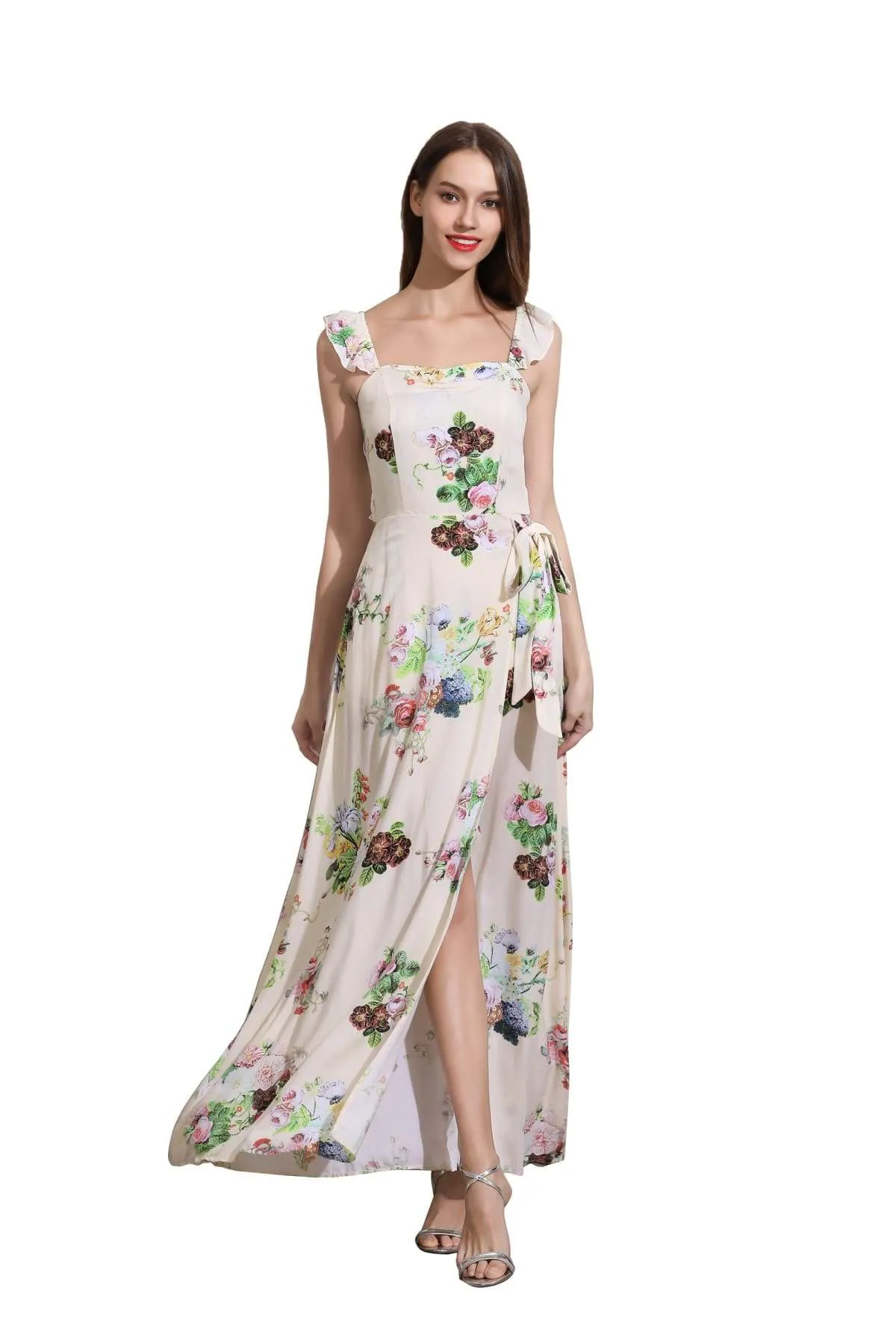 Light Cream Sweetheart Neckline Ruffle Strap with Beautiful Floral Details Tie Waist Maxi Dress