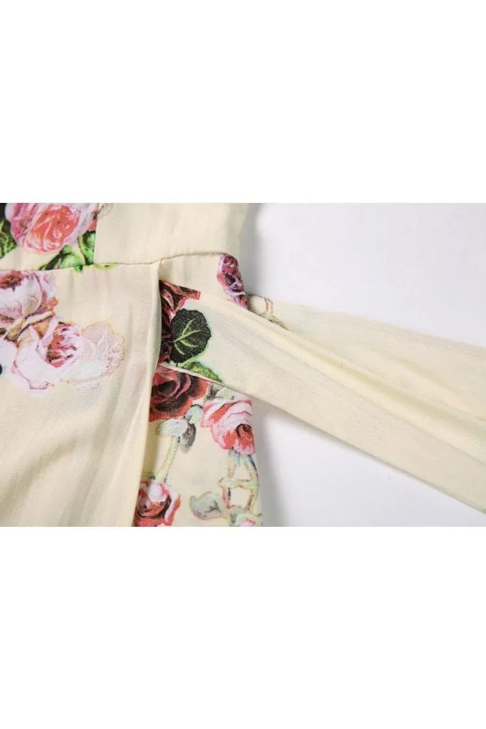 Light Cream Sweetheart Neckline Ruffle Strap with Beautiful Floral Details Tie Waist Maxi Dress