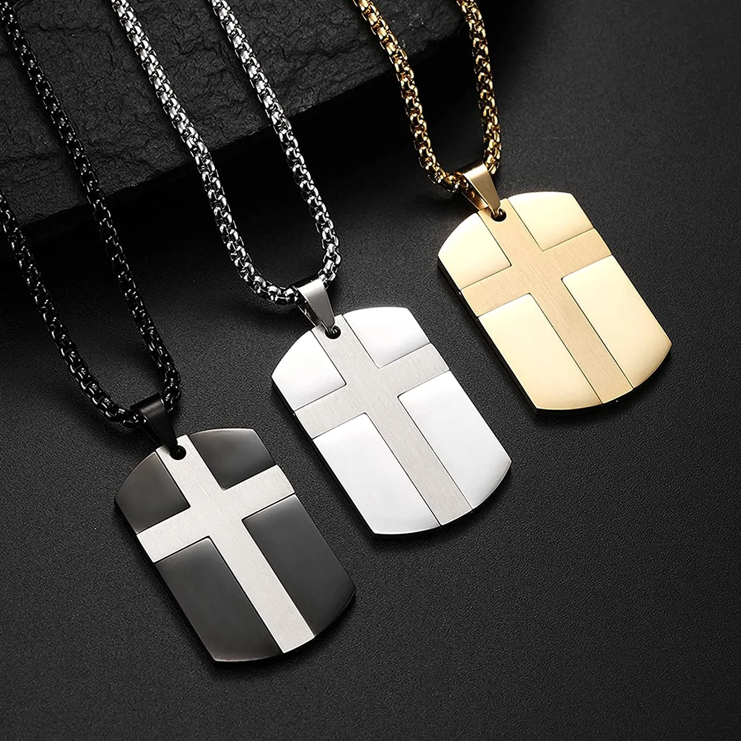 Men's Stainless Steel Black Silver Gold Cross Tag Pendant Necklace for Men Lord's Prayer Necklace Engraved Bible