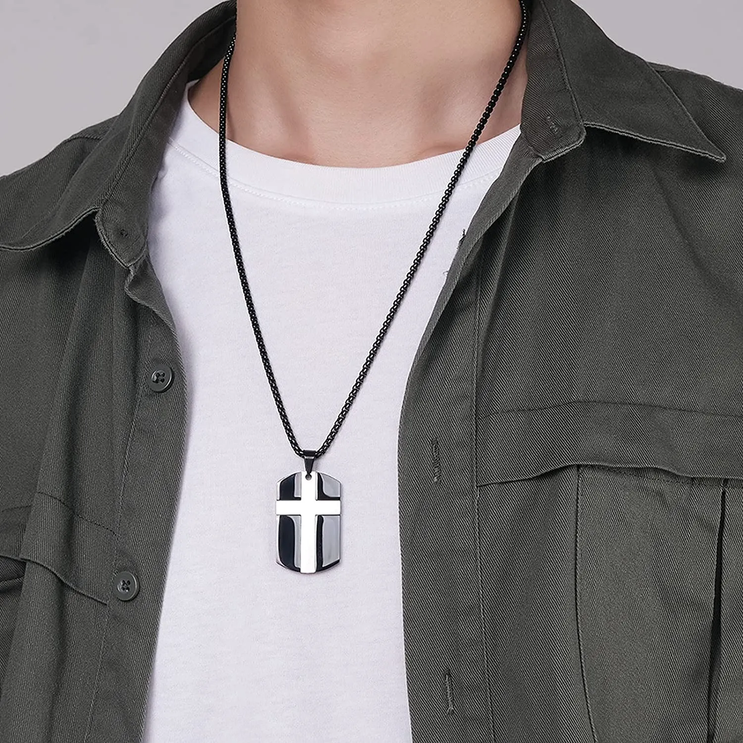 Men's Stainless Steel Black Silver Gold Cross Tag Pendant Necklace for Men Lord's Prayer Necklace Engraved Bible