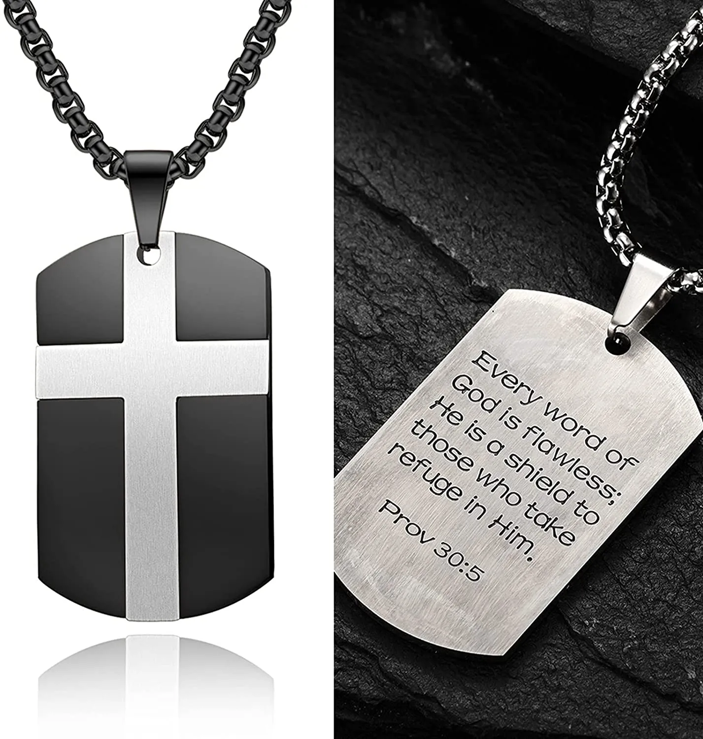 Men's Stainless Steel Black Silver Gold Cross Tag Pendant Necklace for Men Lord's Prayer Necklace Engraved Bible