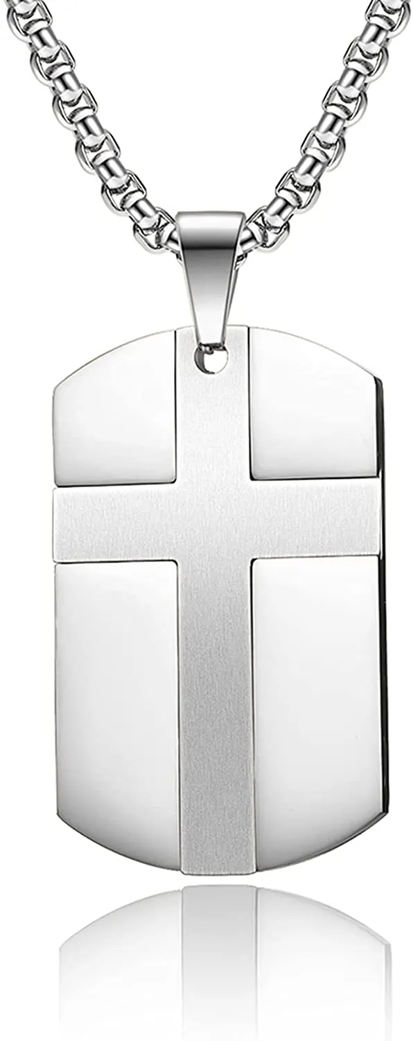 Men's Stainless Steel Black Silver Gold Cross Tag Pendant Necklace for Men Lord's Prayer Necklace Engraved Bible