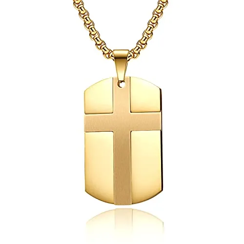 Men's Stainless Steel Black Silver Gold Cross Tag Pendant Necklace for Men Lord's Prayer Necklace Engraved Bible