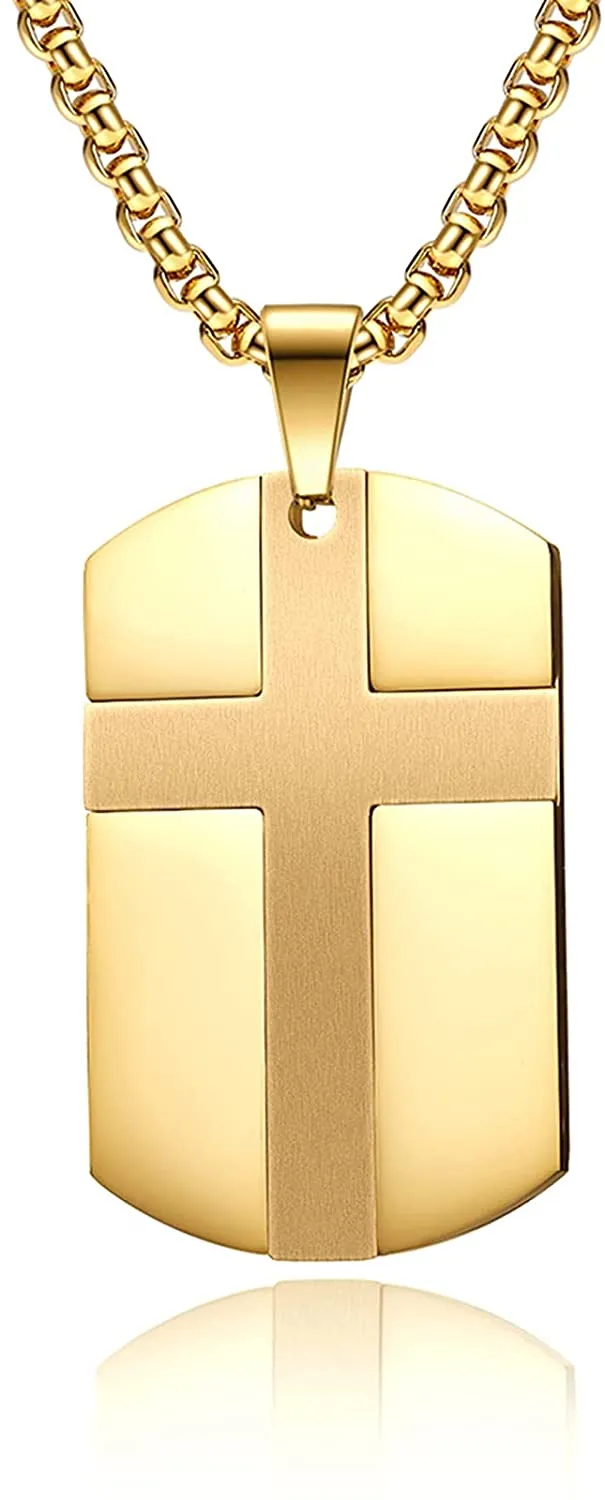 Men's Stainless Steel Black Silver Gold Cross Tag Pendant Necklace for Men Lord's Prayer Necklace Engraved Bible