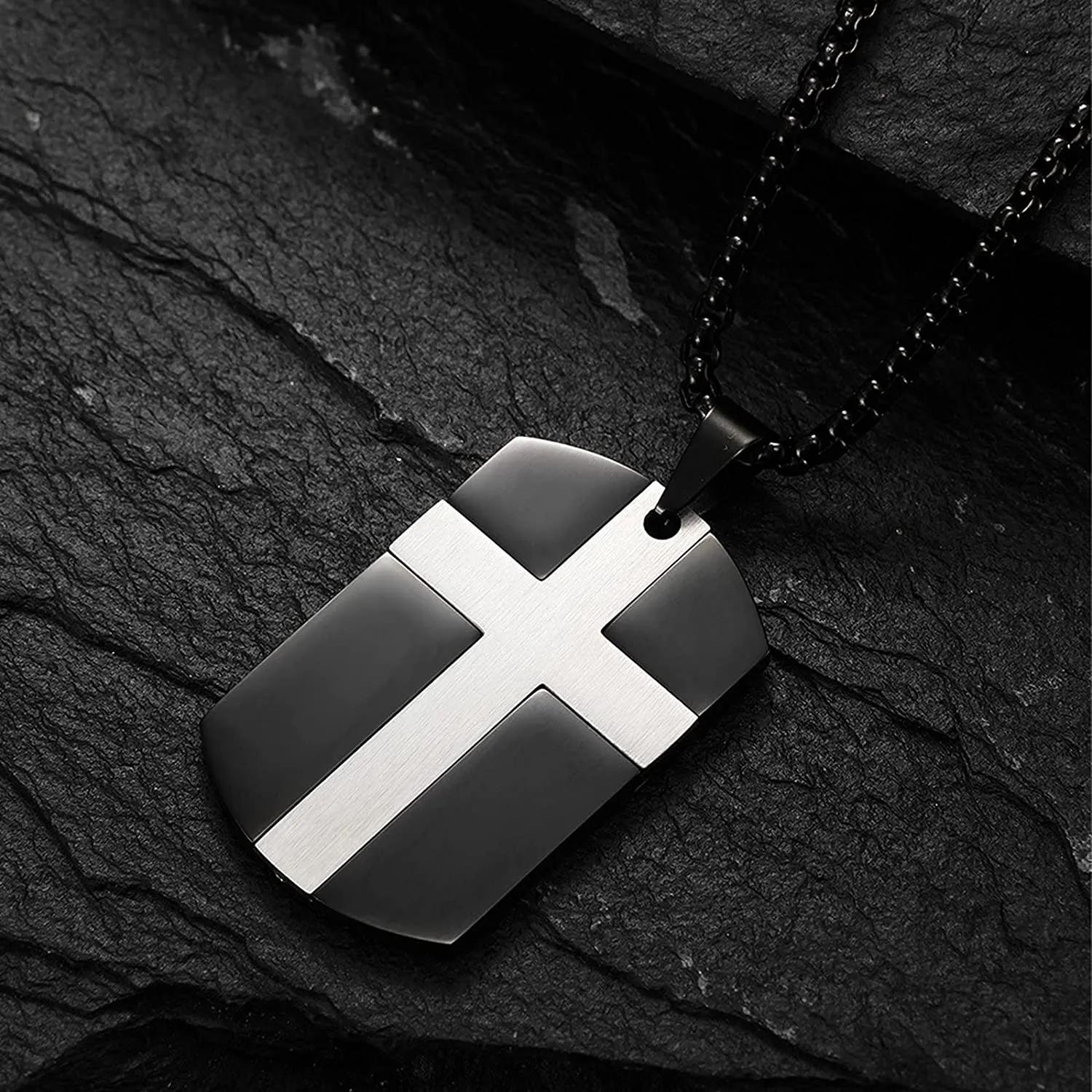 Men's Stainless Steel Black Silver Gold Cross Tag Pendant Necklace for Men Lord's Prayer Necklace Engraved Bible