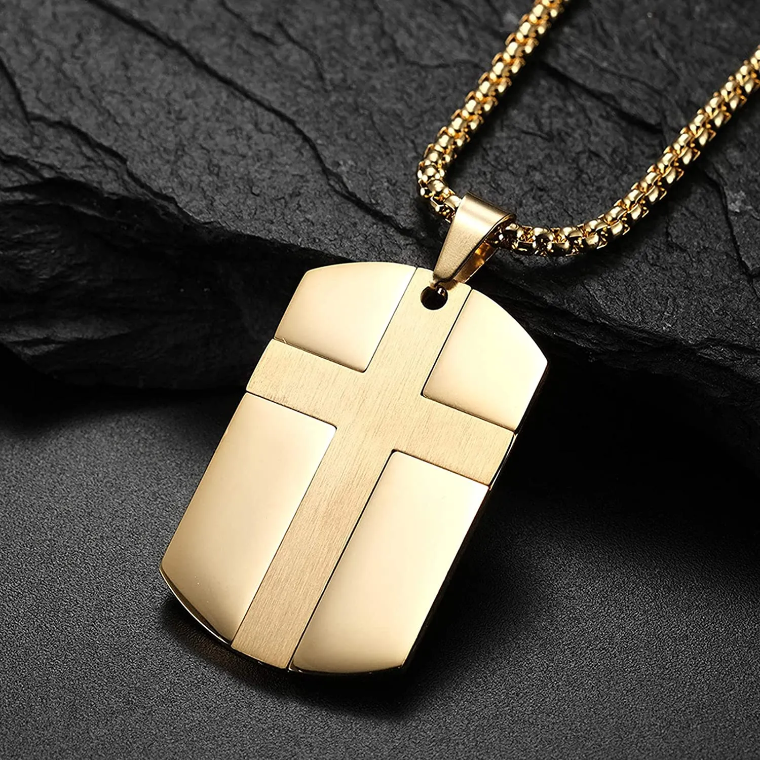 Men's Stainless Steel Black Silver Gold Cross Tag Pendant Necklace for Men Lord's Prayer Necklace Engraved Bible