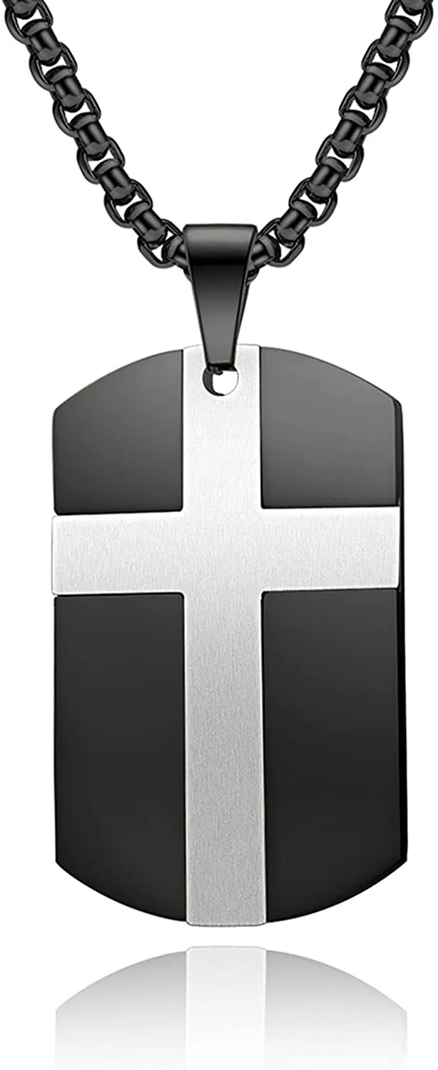 Men's Stainless Steel Black Silver Gold Cross Tag Pendant Necklace for Men Lord's Prayer Necklace Engraved Bible