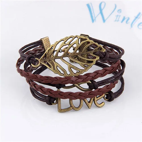 Multilayer Braided Bracelets Leather Wax Cord LOVE Symbol Bracelet Fashionable Women Jewelry