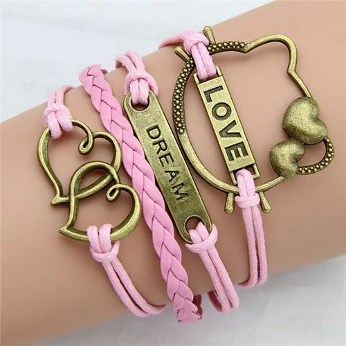 Multilayer Braided Bracelets Leather Wax Cord LOVE Symbol Bracelet Fashionable Women Jewelry