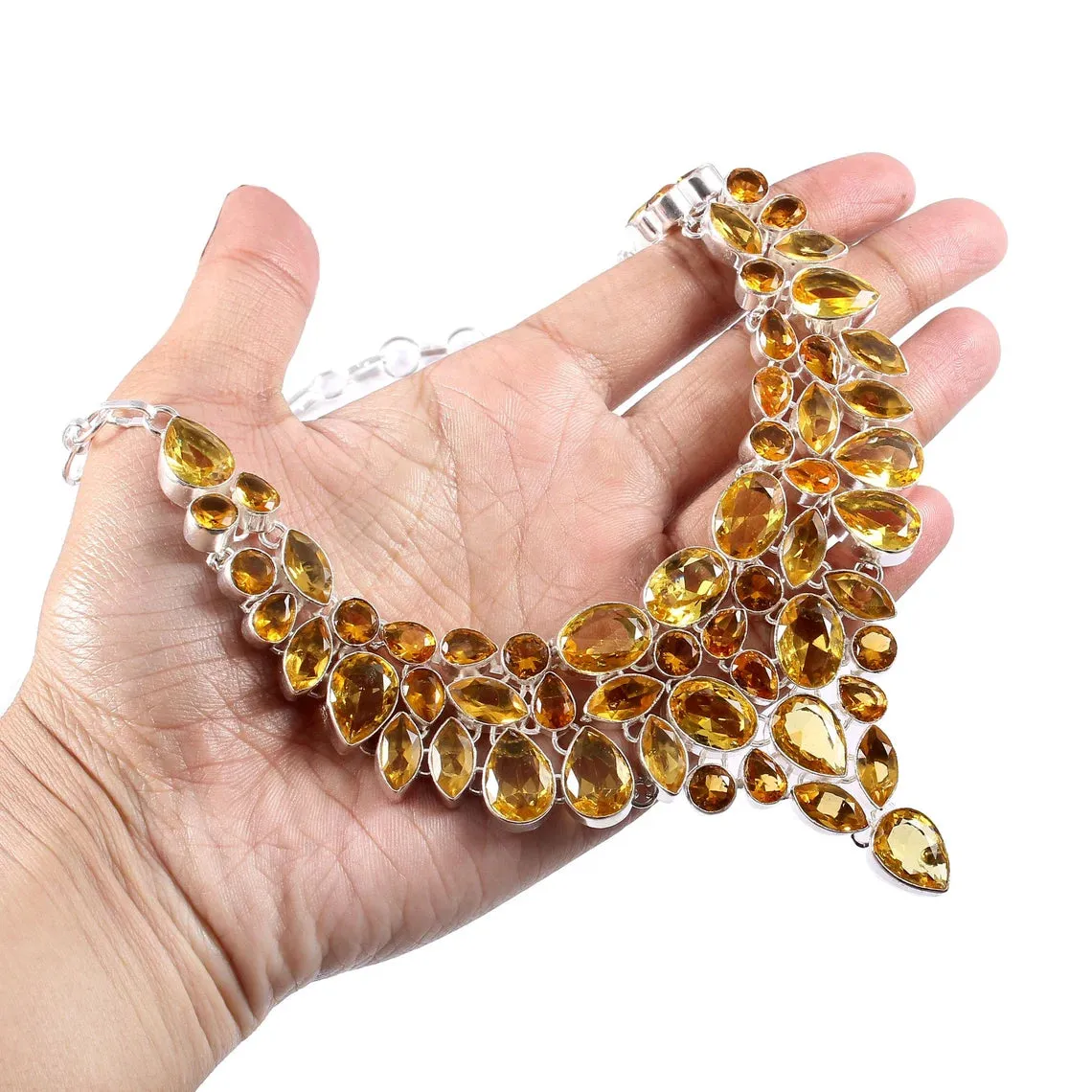 Natural Citrine Bib Necklace For Wedding - 925 Sterling Silver Necklace