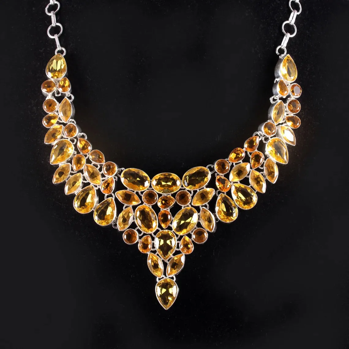 Natural Citrine Bib Necklace For Wedding - 925 Sterling Silver Necklace