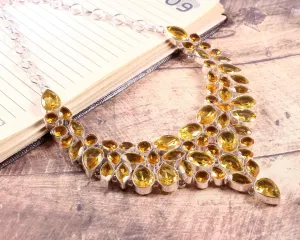 Natural Citrine Bib Necklace For Wedding - 925 Sterling Silver Necklace