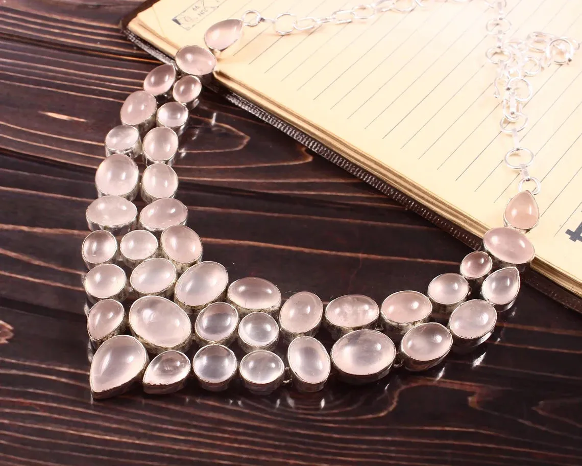 Natural Rose Quartz Bib Necklace  - 925 Sterling Silver Wedding Necklace