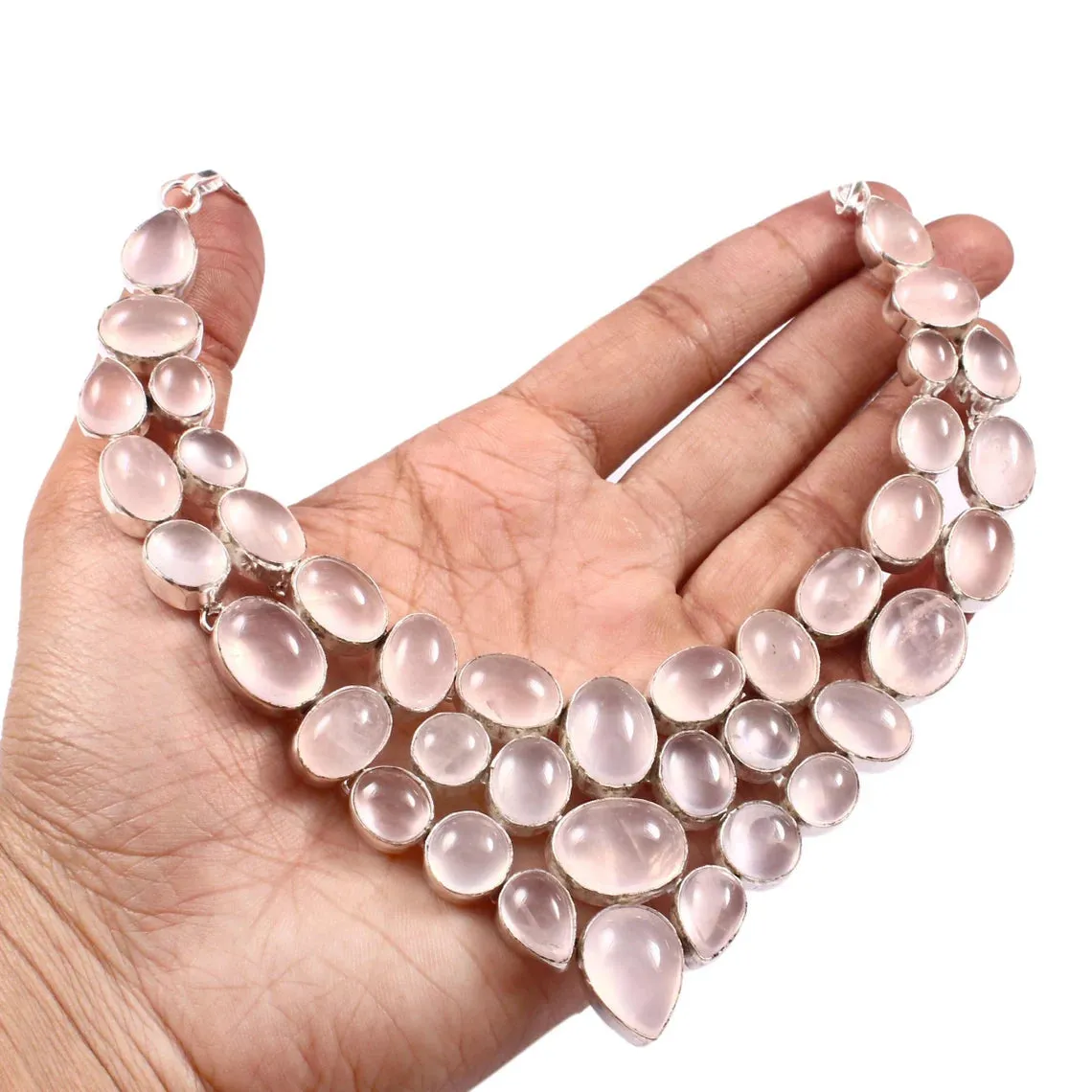 Natural Rose Quartz Bib Necklace  - 925 Sterling Silver Wedding Necklace