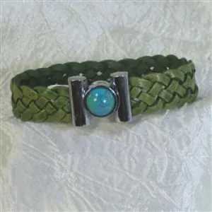 Olive Braided Leather Bracelet with Turquoise Inlaid Clasp