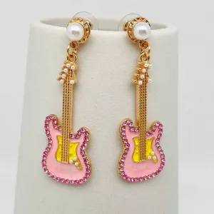 Pink Rhinestone Guitar Earrings