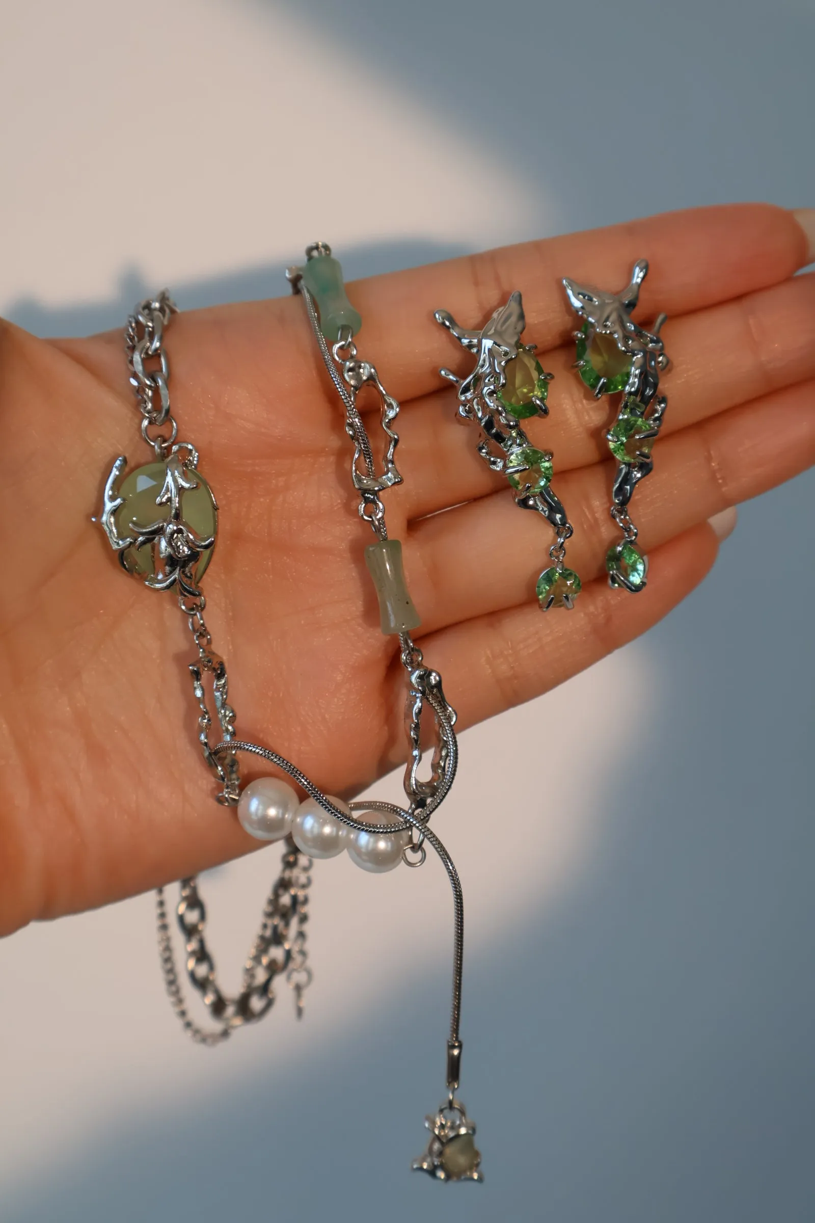 Platinum Plated Green Gem Fairy Earrings