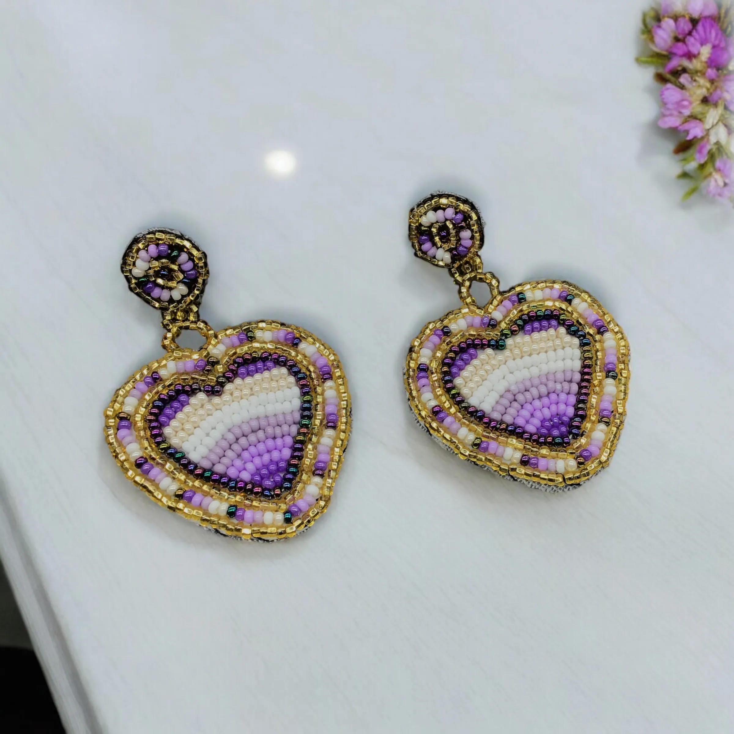 Purple and Golden Heart Beaded Earrings