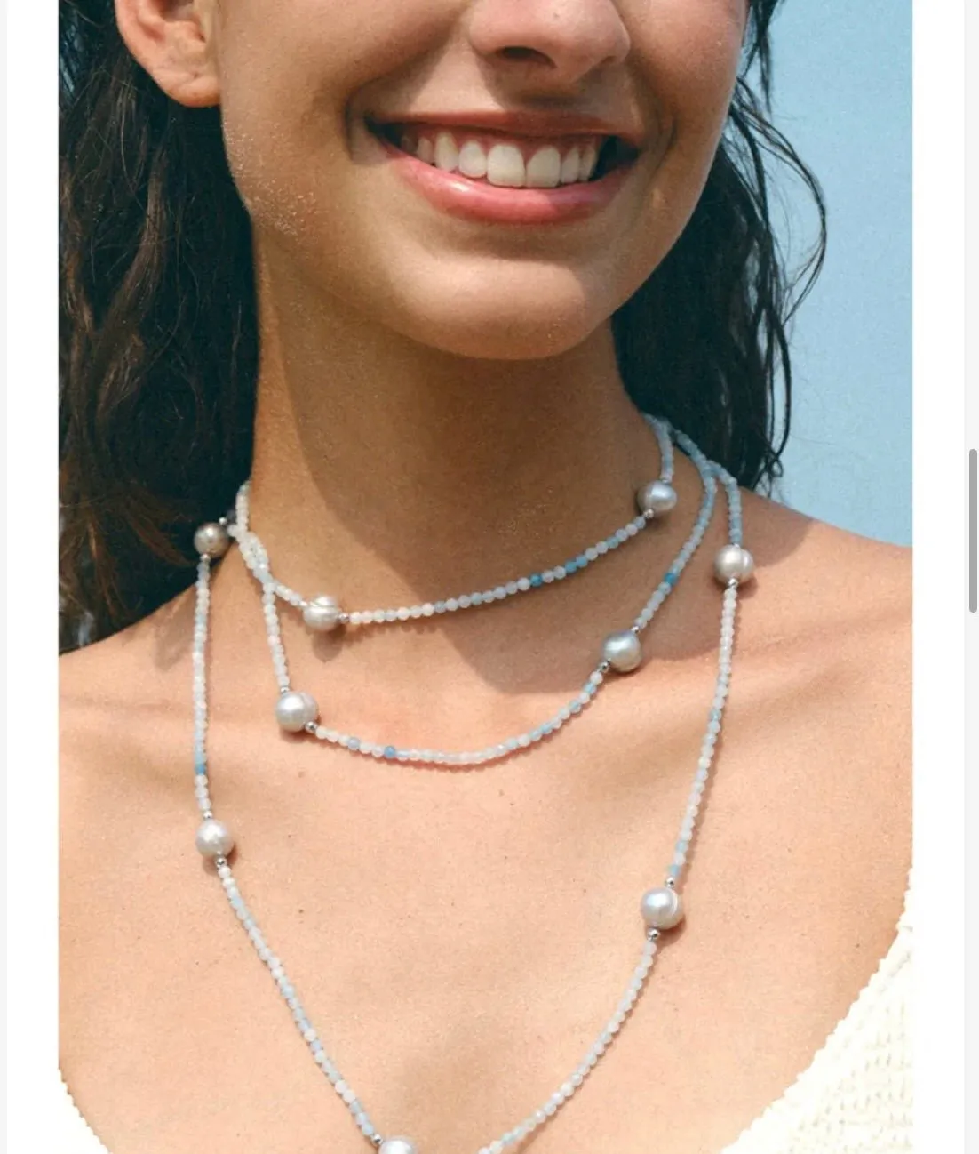 Refreshing Aquamarine Grey Pearl Long Beaded Necklace