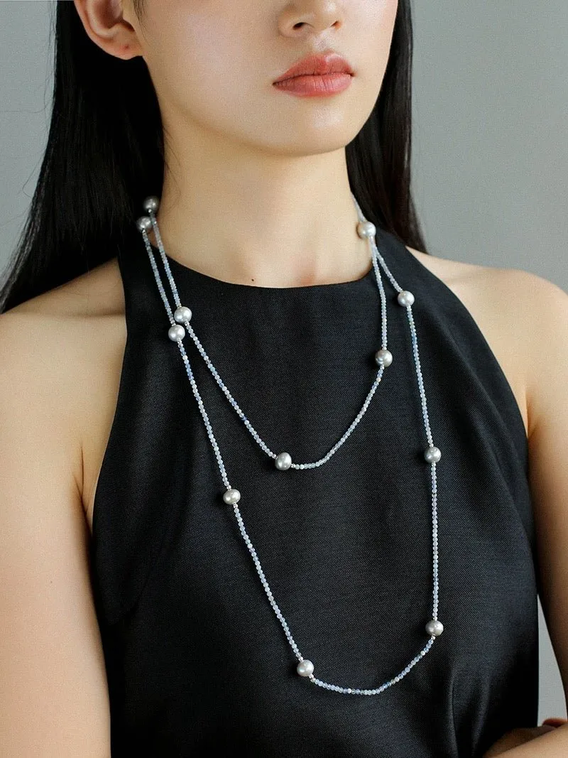 Refreshing Aquamarine Grey Pearl Long Beaded Necklace