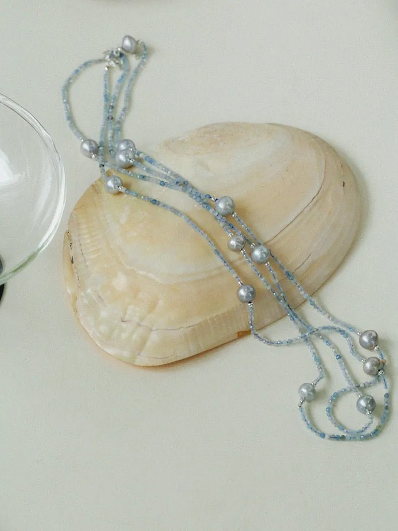 Refreshing Aquamarine Grey Pearl Long Beaded Necklace