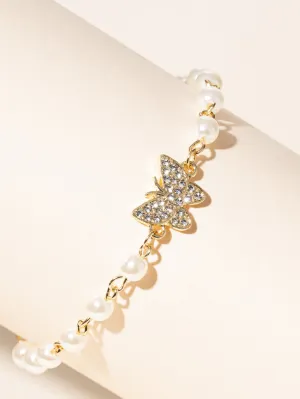 Rhinestone Butterfly & Faux Pearl Decor Bracelet Women Bracelet Stackable