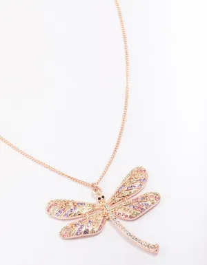 Rose Gold Dragonfly Cluster Diamante Pendant Necklace