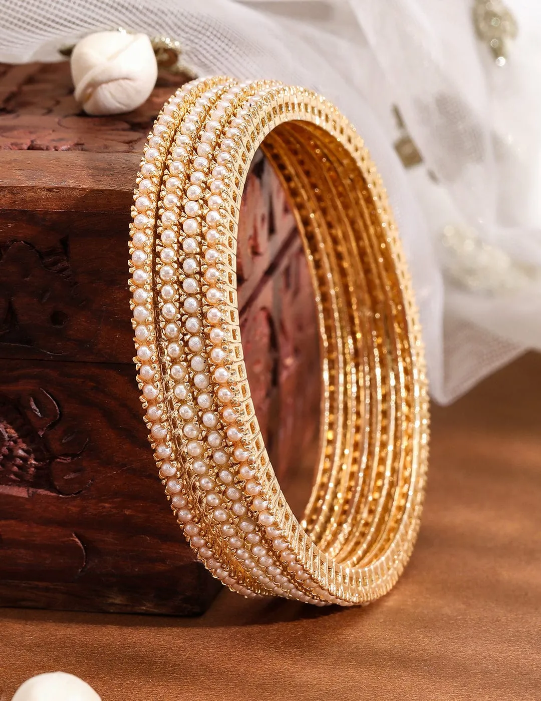 Rubans Pack of 4 18kGold Plated Pearl Beaded  Bangles