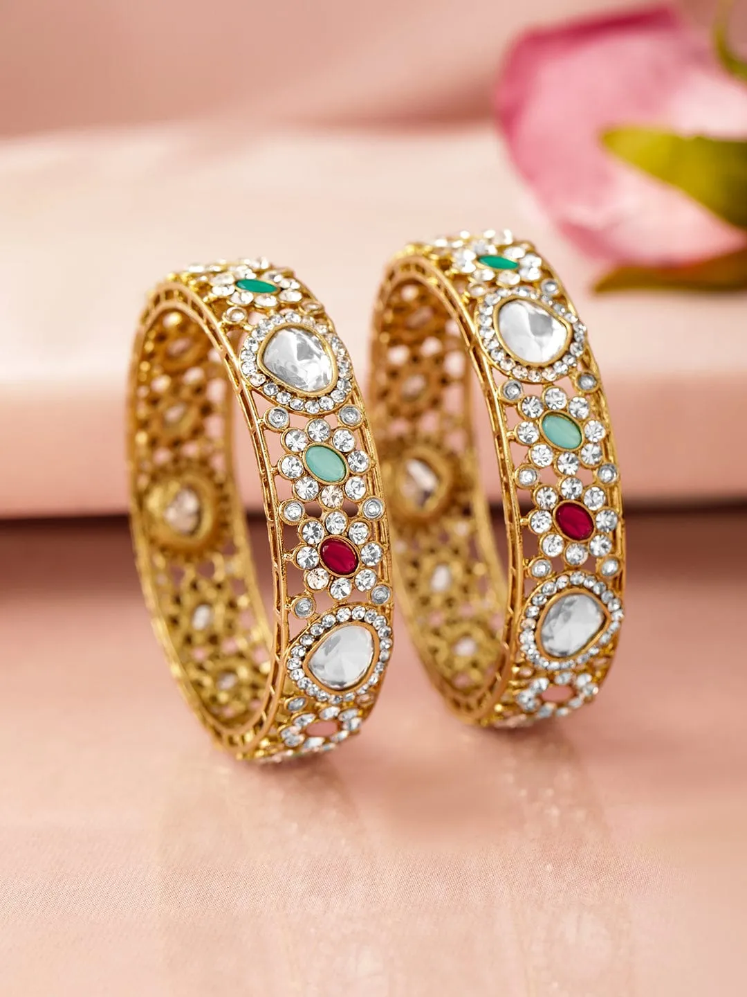 Rubans Set of 2 18K Mehandi Gold-Plated Kundan & Cubic Zicronia Stone Bangles