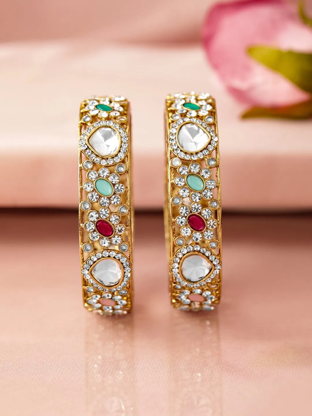 Rubans Set of 2 18K Mehandi Gold-Plated Kundan & Cubic Zicronia Stone Bangles