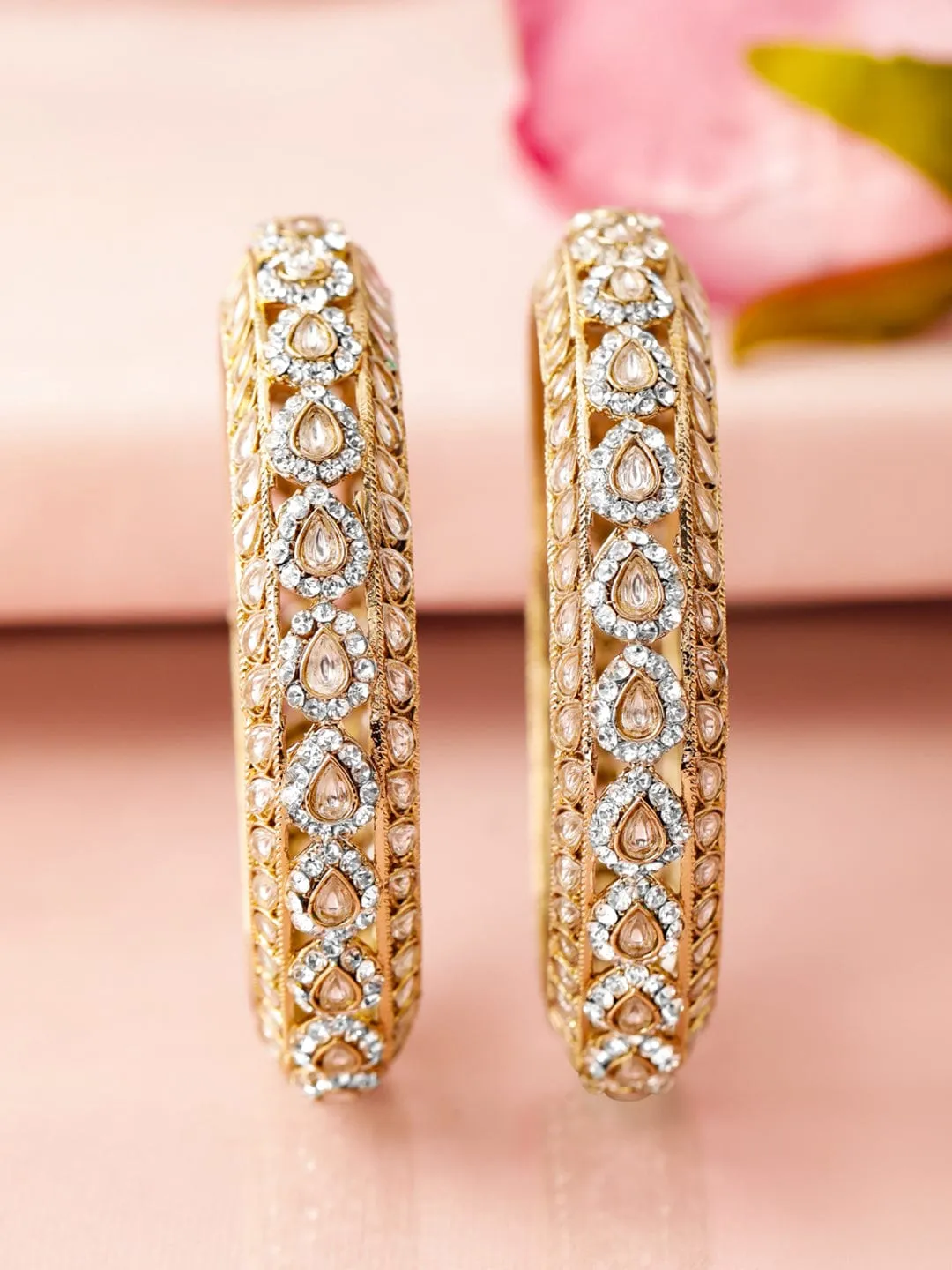 Rubans Set of 2 18K Mehandi Gold-Plated Kundan & Cubic Zirconia Studded Designer Bangles