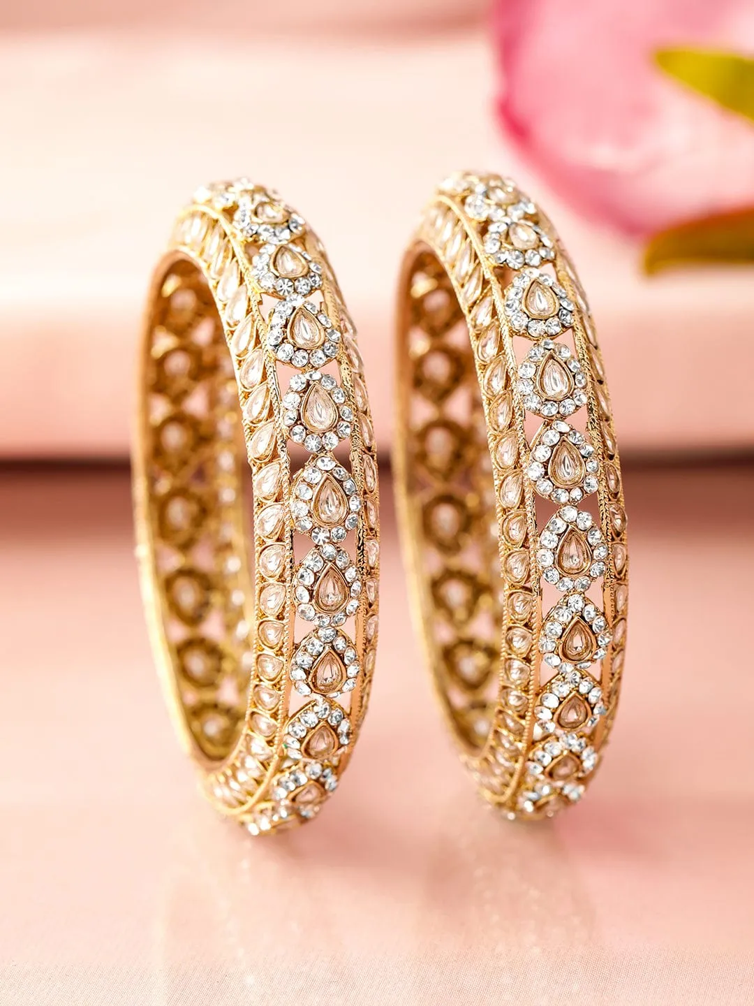 Rubans Set of 2 18K Mehandi Gold-Plated Kundan & Cubic Zirconia Studded Designer Bangles