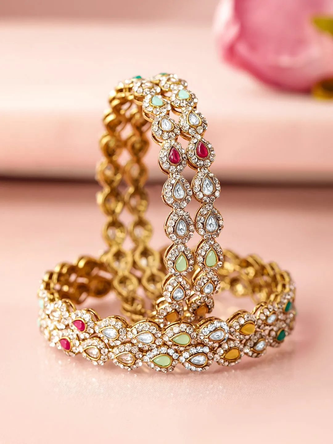 Rubans18K Mehandi Gold-Plated Multicolor Kundan and Cubic Zirconia Studed Bangles